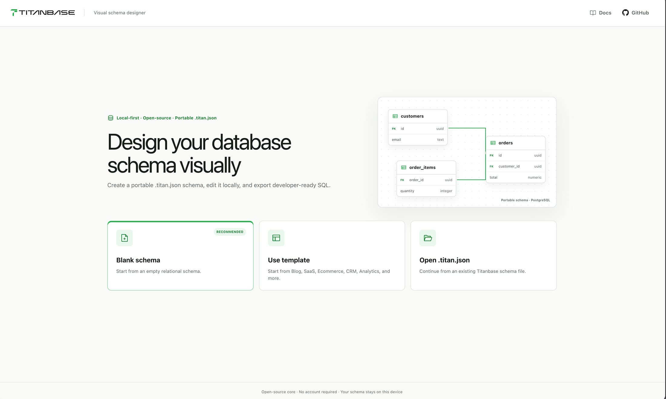Titanbase Desktop start screen with recent local schema files